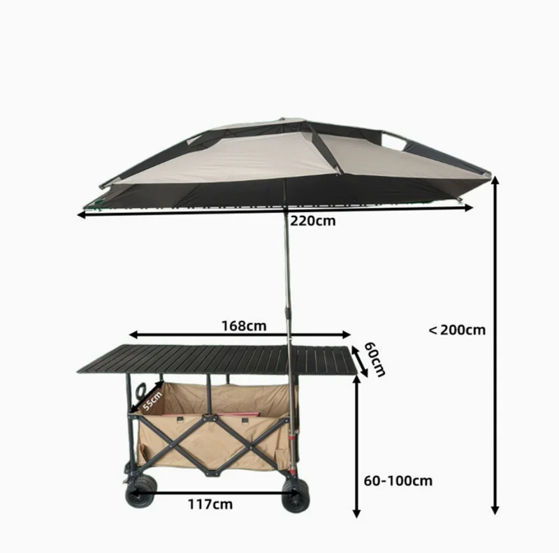 Large Collapsible Outdoor Camping Cart with Removable Tabletop & Sunshade Umbrella, All-in-One Wagon for Market, Camping & Beach
