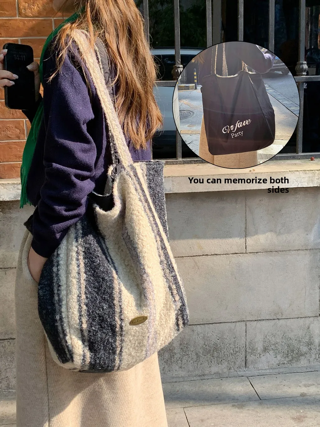 

Autumn Winter Plaid Tote Bag Large Capaci oulder Bag Double Sided Bapa Vertical Stripes Soft Woolen Handbag for Youth