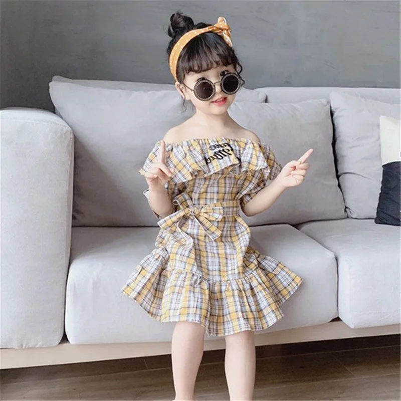 

Girls' dress, off-shoulder plaid dress, princess dress26New summer children's clothing wholesale3-8Years Old