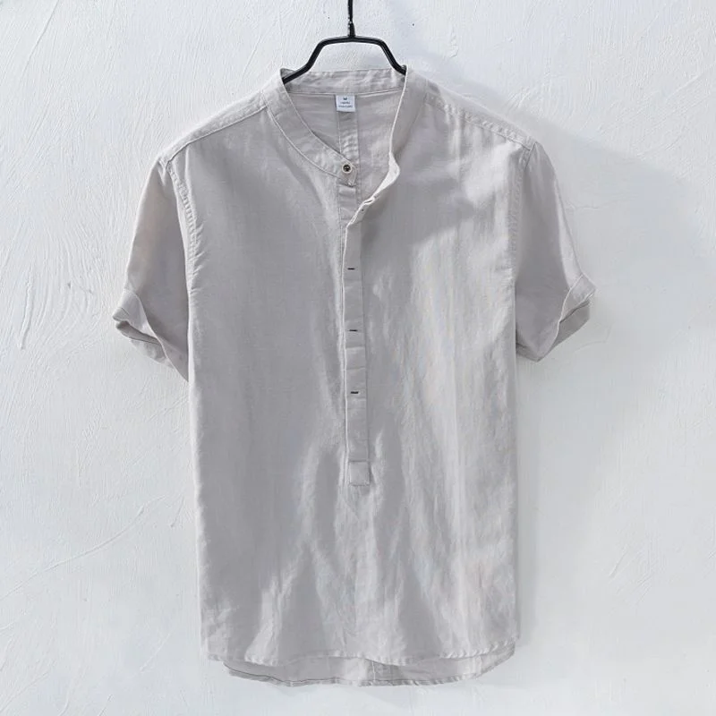 Linmei Cotton Lin メンズ 夏用 オルト スタンドカラー イルト 薄手 韓国版 トレンディ レトロ Linmei カジュアル 多用途トップ