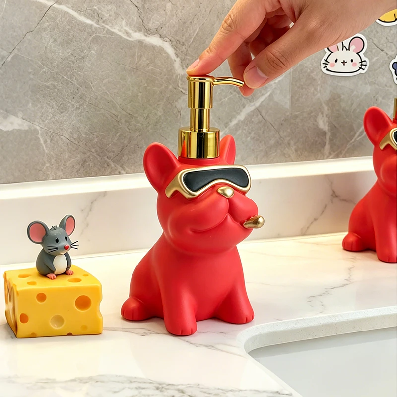 Trendy French Bulldog Resin Lotion Dispenser Cool Sunglasses Design Hand Soap Pump Bottle Washroom Vanity Tabletop Decor Accent