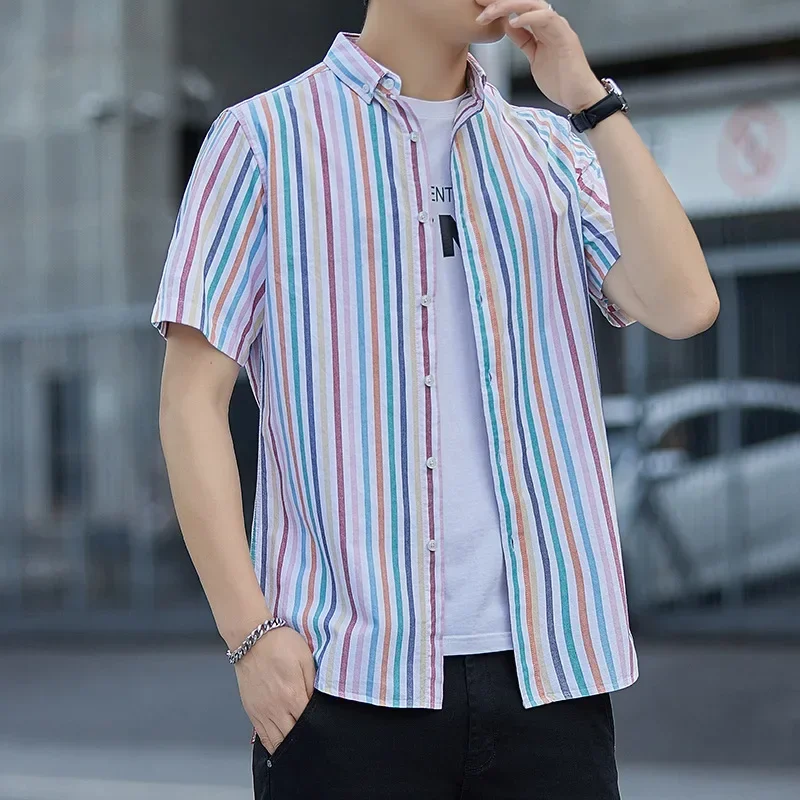 Striped Shirts Men Casual Summer Short Sleeve Shirts Slim Fit Outwear Shirts