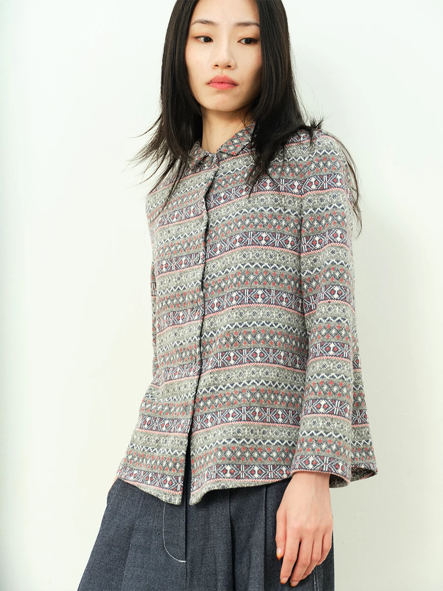 

ZOEPRO Women's Knitted Cotton irt Retro Fair Isle Color Blo Patchwork Small Collar Long Sve Vintage Sle