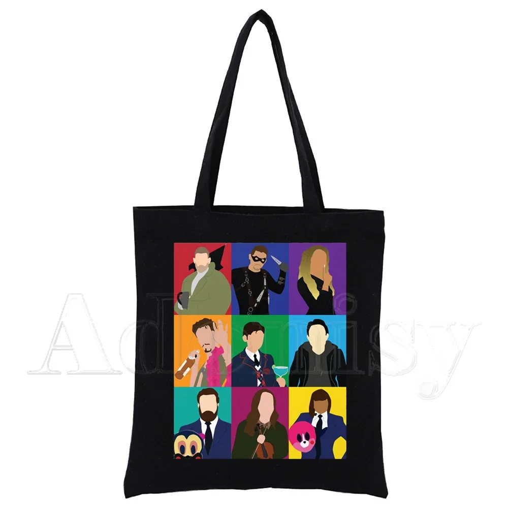 Sac à provisions réutilisable imprimé Umbrella Academy pour femmes, sacs fourre-tout en toile, sac à soupe d'impression, sacs shopper de dessin animé, sacs initiés, noir