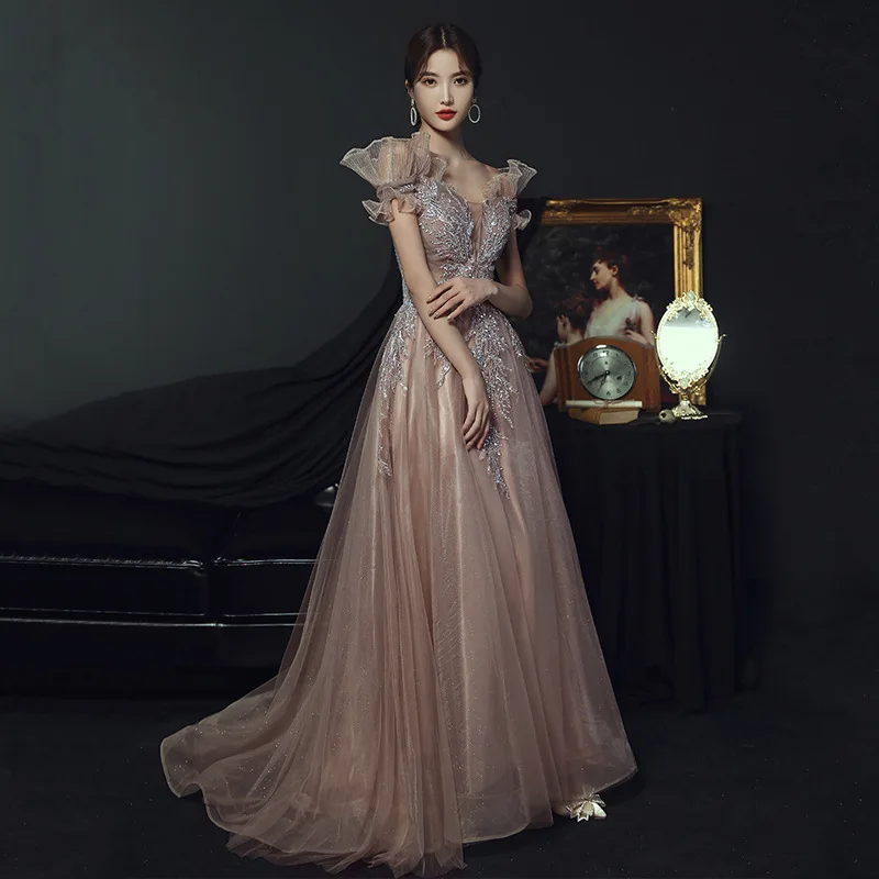 Fairy Dreamy Mesh Off Shoulder Celebrity Banquet Dress Cheongsam Female Formal Evening Party Dress Elegant Applique Maxi Dress