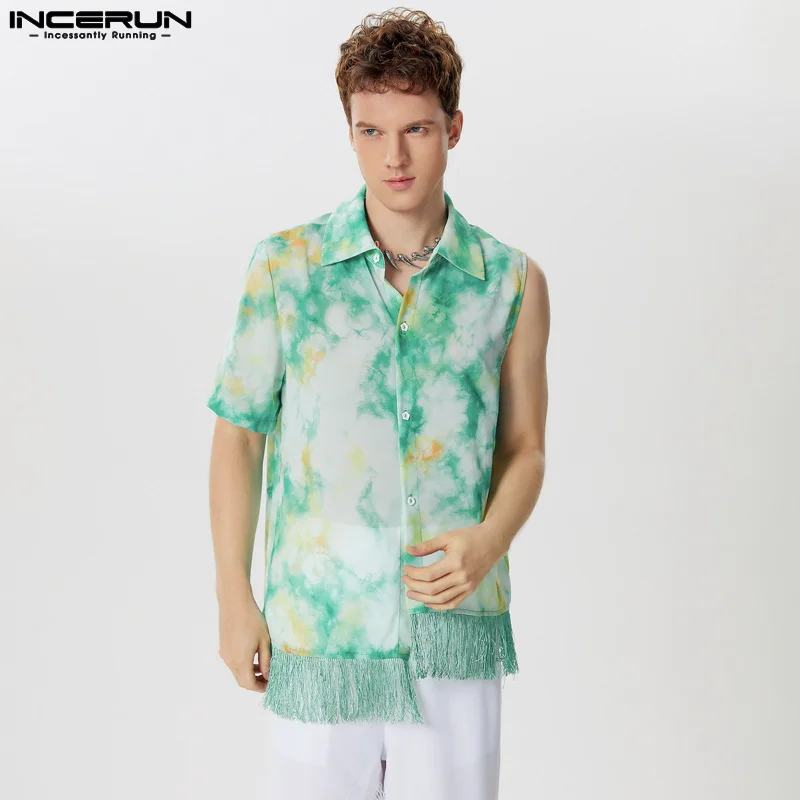 

Casual Stylish Style Tops INCERUN 2024 Men's Tie Dyed Irregular Hem Patchwork Tassel Shirts Summer Male Personality Blouse S-5XL