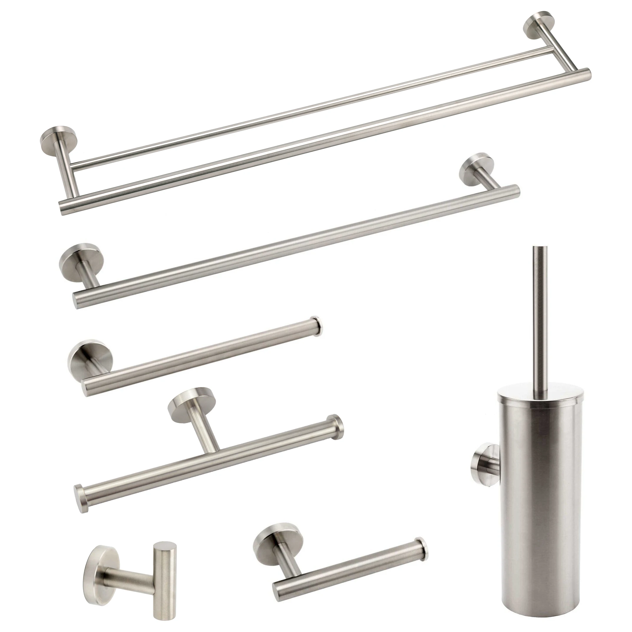 KYLINS Double Single Towel Rail Roll Holder Robe Hook Toilet Brush Holder Brushed Nickel Round Wall Mounted 304 Stainless Steel