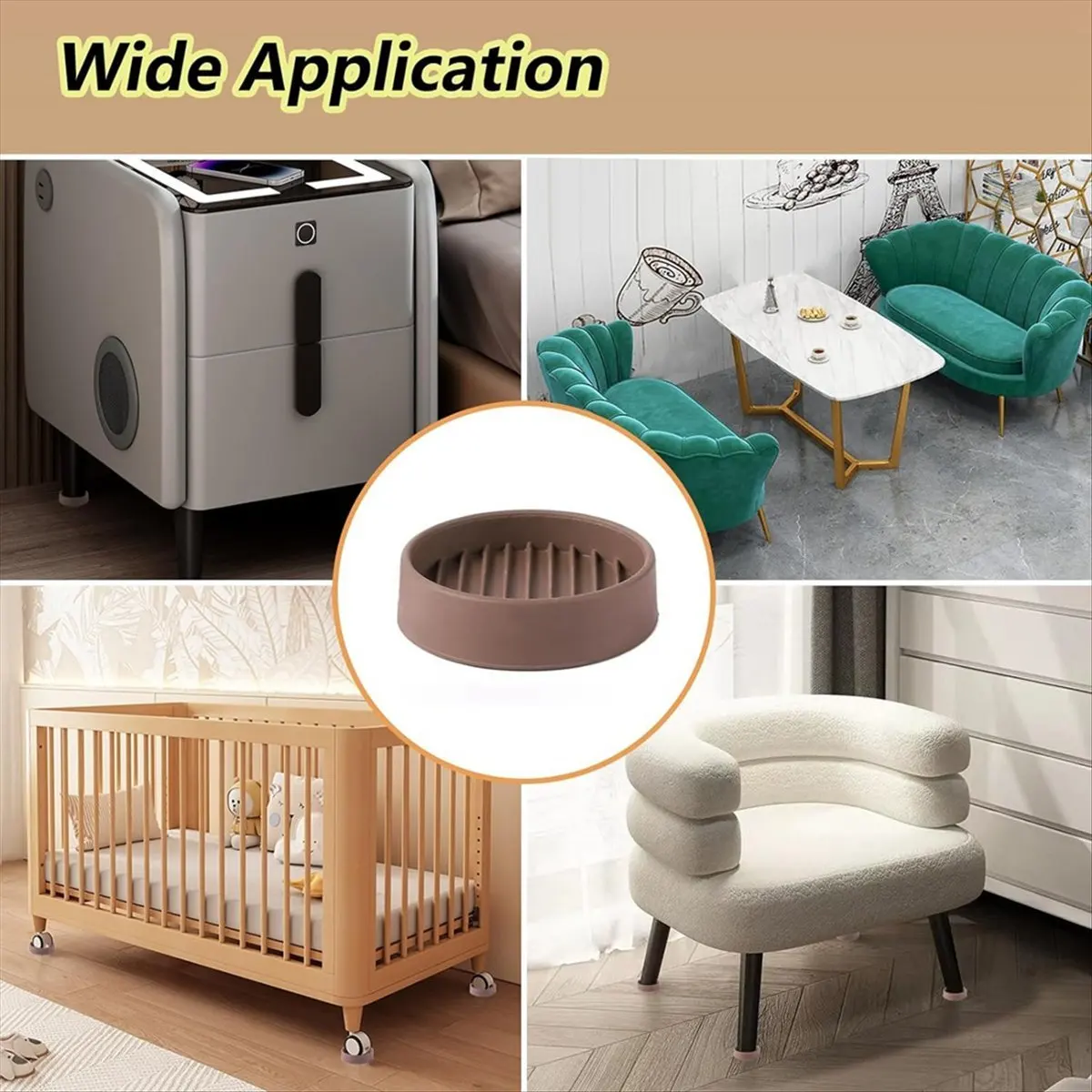 A013 4Pcs Round Rubber Furniture Caster Cups, Anti-Sliding Furniture Pads Bed Stopper Floor Protectors Brown