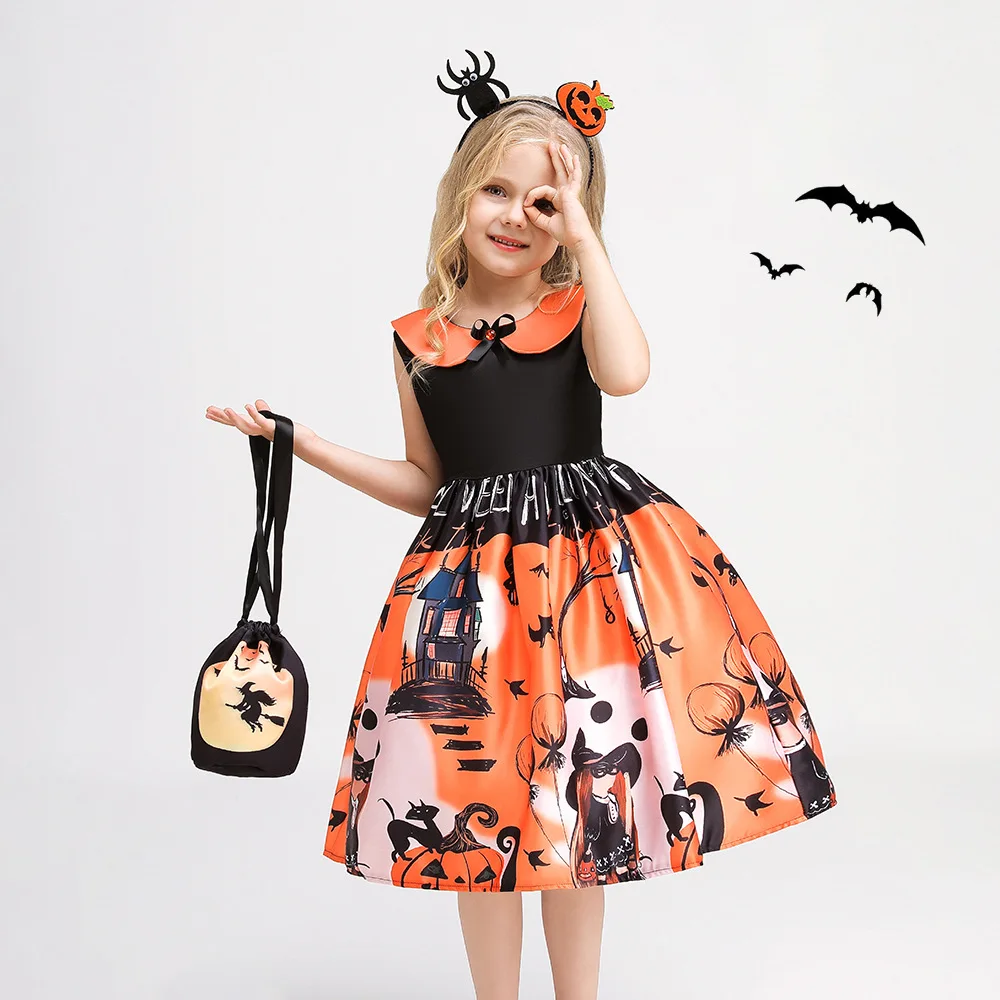 Fancy Magic Witch Halloween Costume for Kids Bat Ghost Gothic Black Dress for Girl Carnival Party Halloween Girls Princess Dress