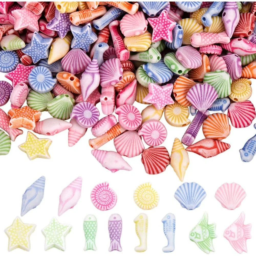 500Pcs Acrylic Shell Beads Ocean Animal Beads Summer Assorted Beach Fish Starfish Small Colorful Beach Craft Loose making kit