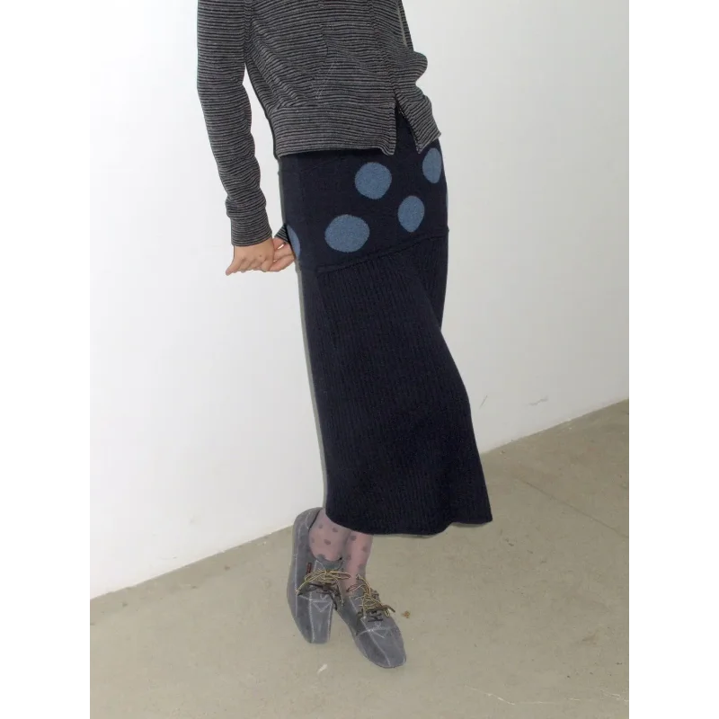 Women Retro Polka Dot Jacquard Knit Midi Skirt High Waist Stretch A Line Sweater Skirt For Autumn Winter