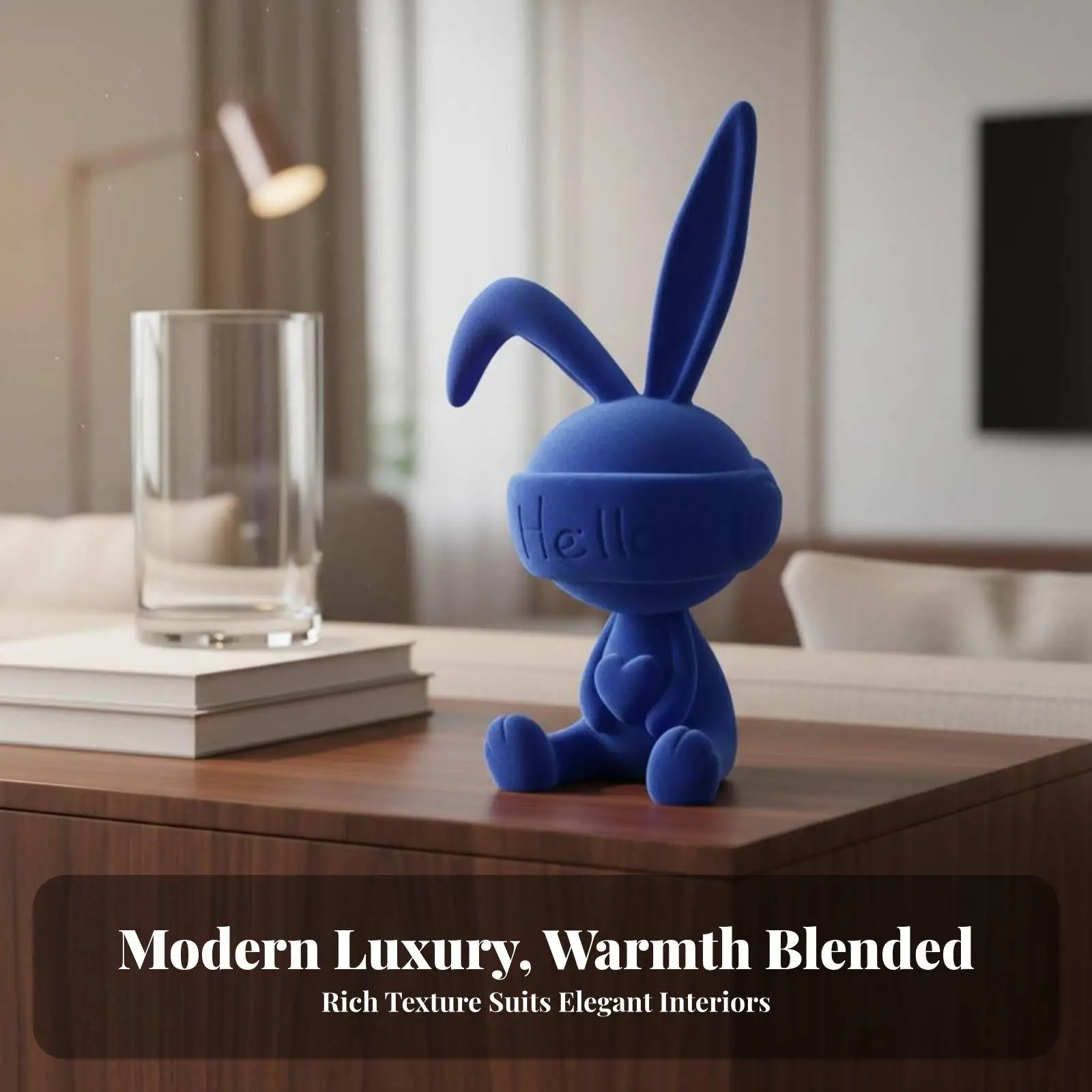 Flocking Rabbit Figurine Soft Touch Resin Bunny Statue with Bent Ear Heart Hello Decor for Living Room Shelf