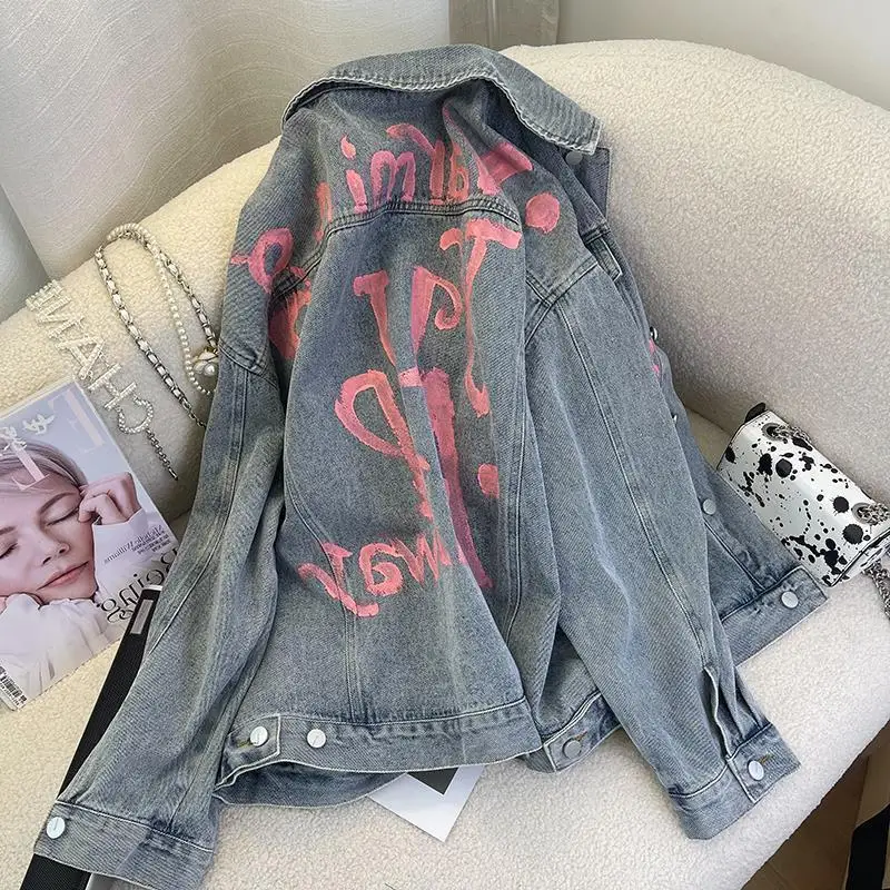 2023 Spring Autumn Season Letter Printing Graffiti Denim Coat Women Fashion Loose Sleeve Denim Jacket Womens Top Outerwear