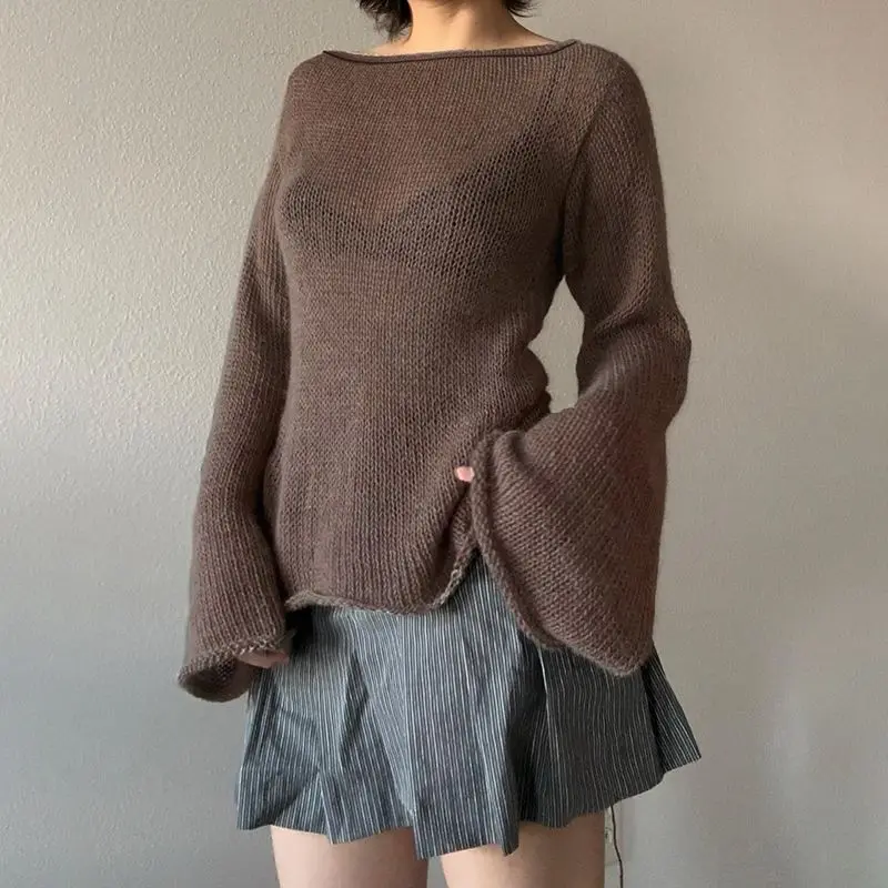 

Temperament Backless Tied Sweater Knit Sweater Women's Flared Sleeve Loose Outer Top