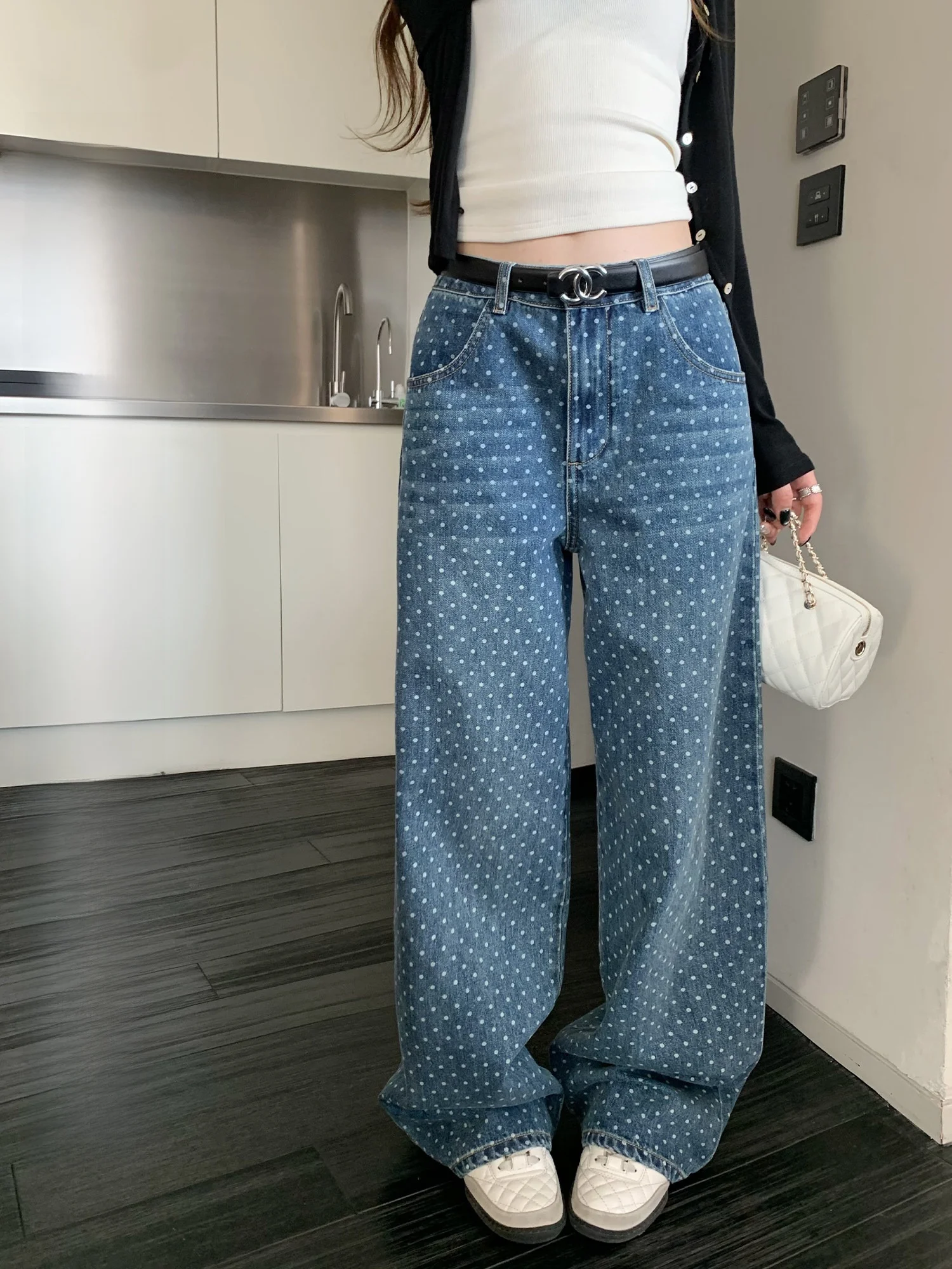 

Hhi Retro Polka Dot Denim Jeans Women's Low Waist Design Faion Wide Leg Pants Straight Cut Spring 2026 New Arrival