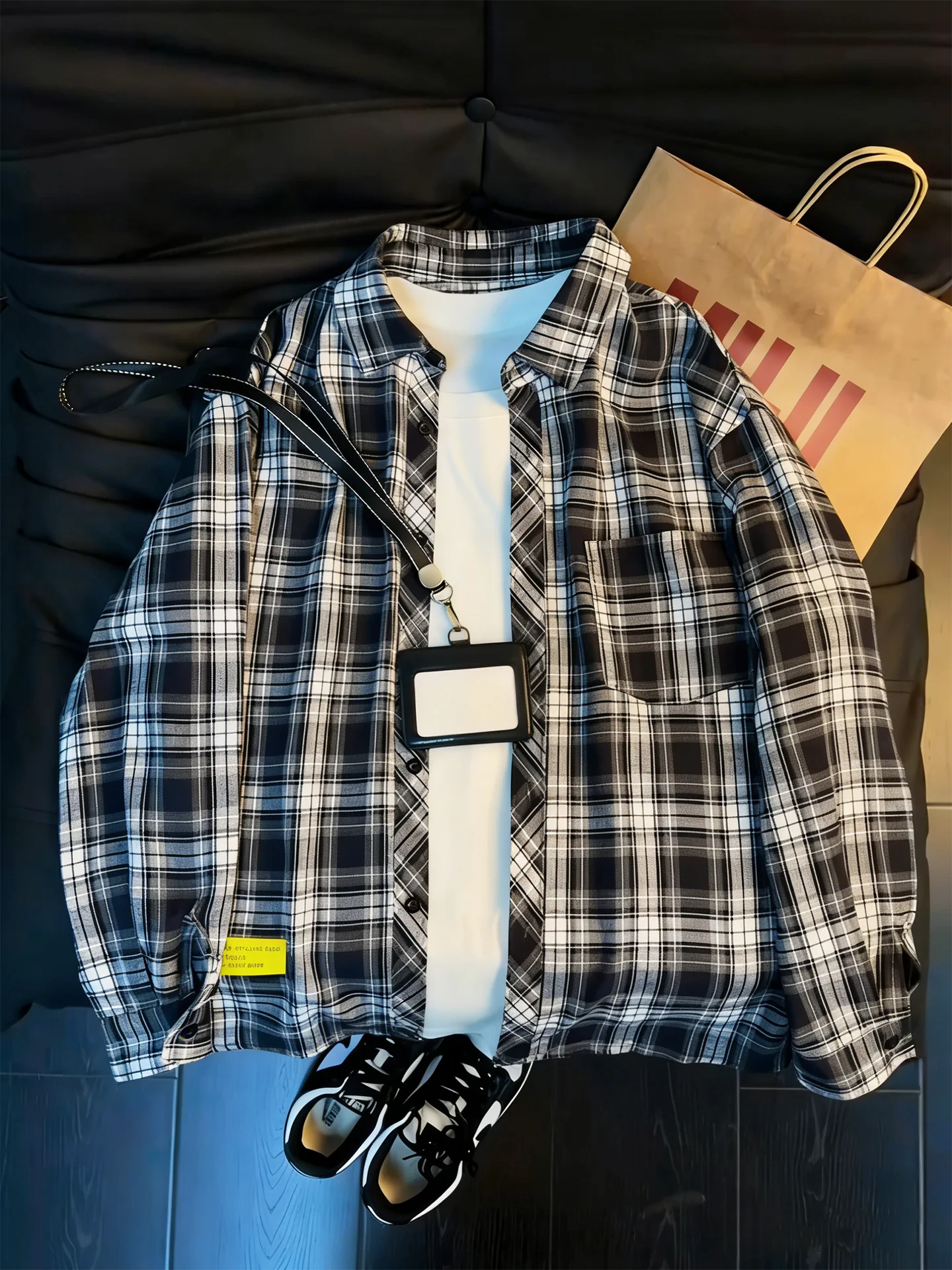 

Blue Plaid Long Sve Men's irt Spring Vintage American Sle Teenage Label Cheered irt Jaet Loose Fit Casual Wear