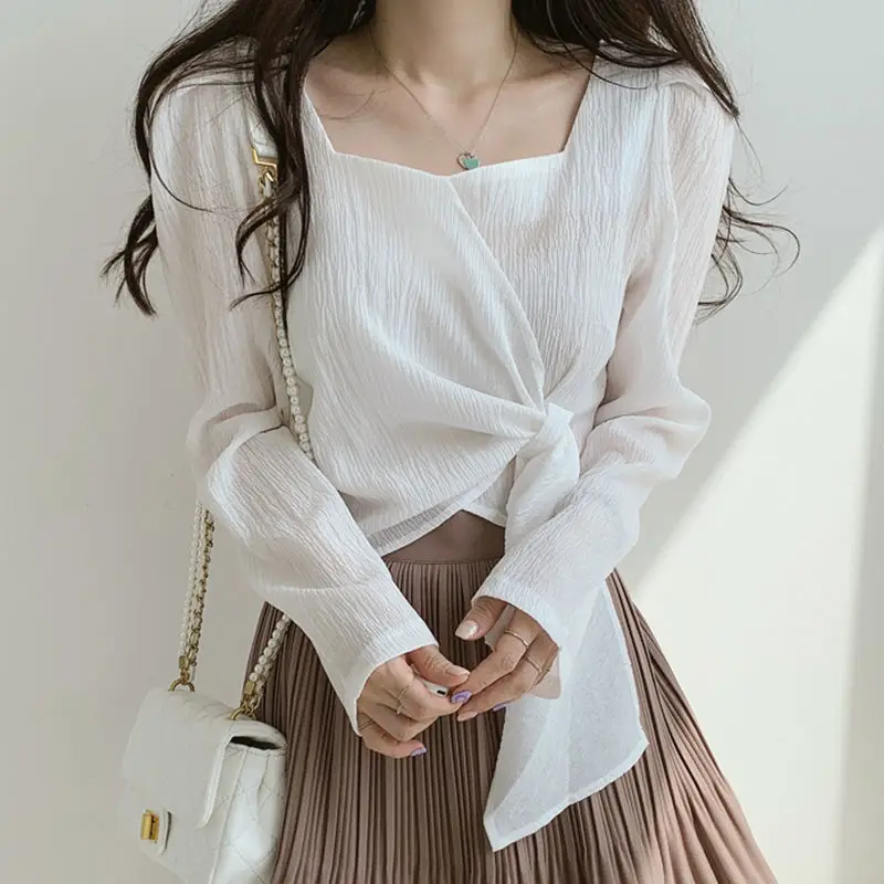 Fashion Square Collar Solid Color Bandage Tee Shirt 2022 Autumn New Chic Tops Long Sleeve Loose Office Lady Woman Tshirts