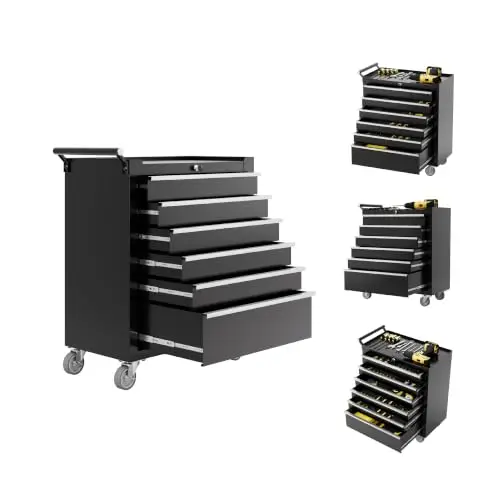 Heavy-Duty Rolling Tool Chest, 24 Inch 6-Drawer Cold-Rolled Steel Tool Storage Cabinet Cart - Locking System, Smooth