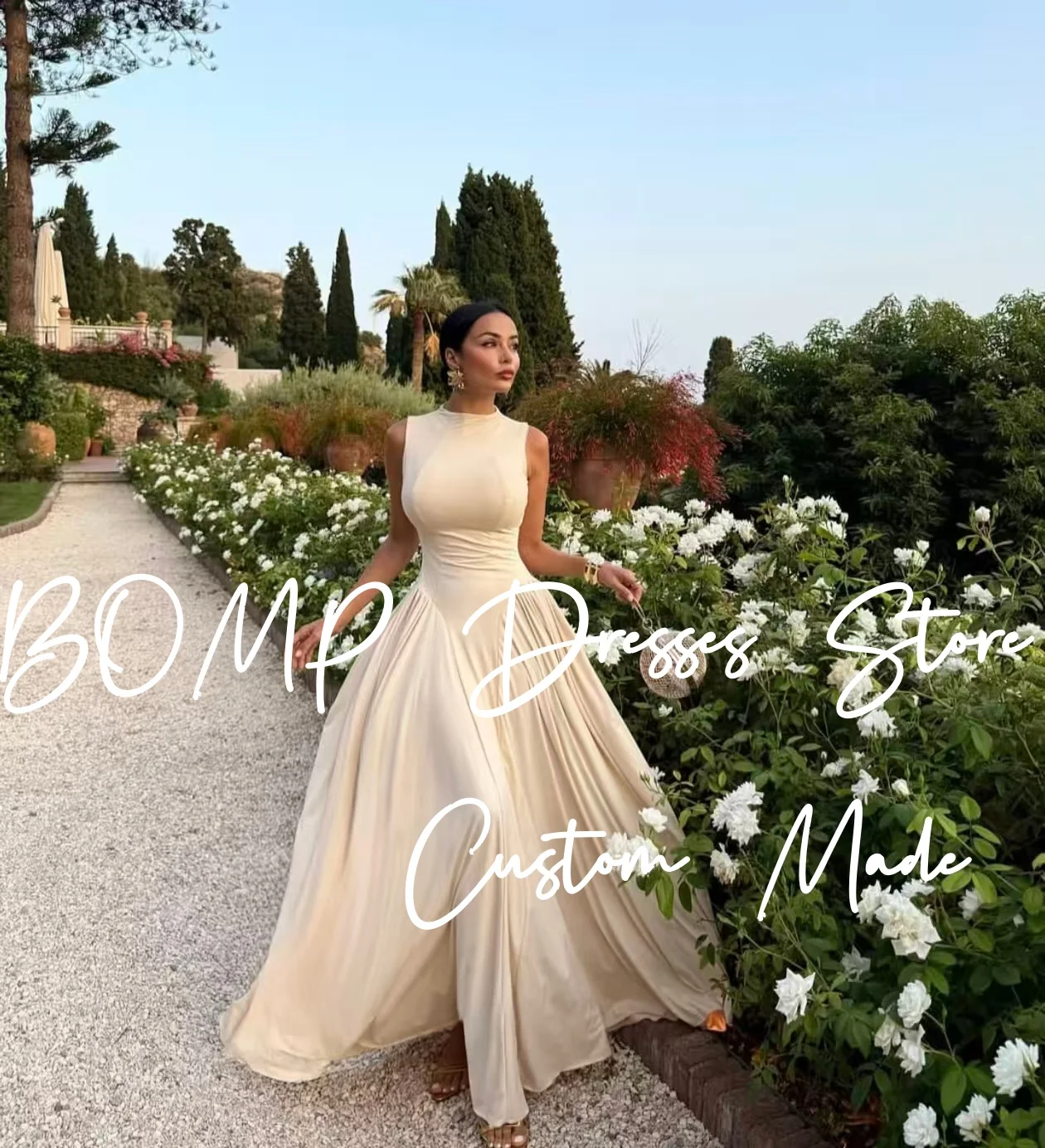 BOMP Elegante avondjurk O-hals Mouwloos Gedrapeerd A-lijn Vloerlengte Satijn Bruiloftsjurk Op maat gemaakte • Musta Juan 2017-