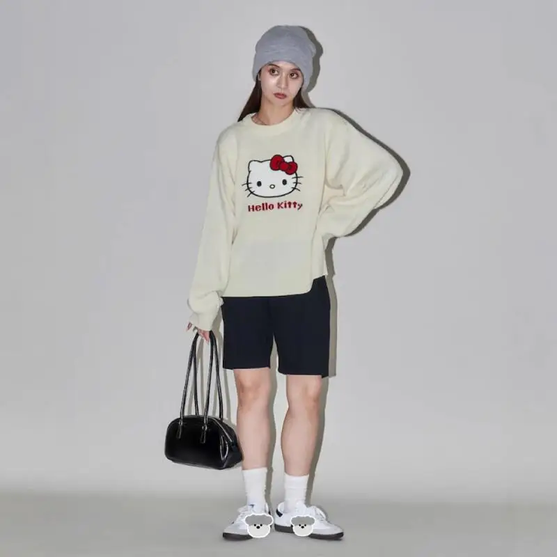 

Kt Bow Knit Sweater Women Sanrio Sweet Cute Casual Daily Wear Spring Autumn Fashion Loose New Cozy Hello Kitty Jacket Tops