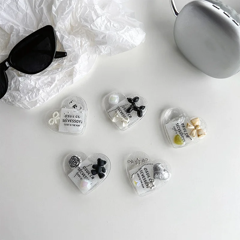 Korean Epoxy Glitter Love Heart Phone Grip Tok ins Pearl Bow Holder Ring For iPhone Universal Accessories Stand Holder Support