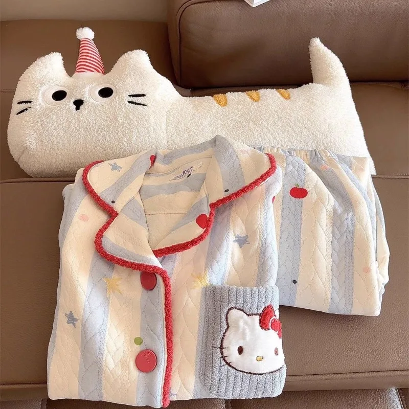 

Милые пижамы Hello Kitty с героями мультфильмов для девочек, осенние и зимние брюки с длинными рукавами, теплая домашняя одежда из воздушного хлопка, костюм из двух предметов