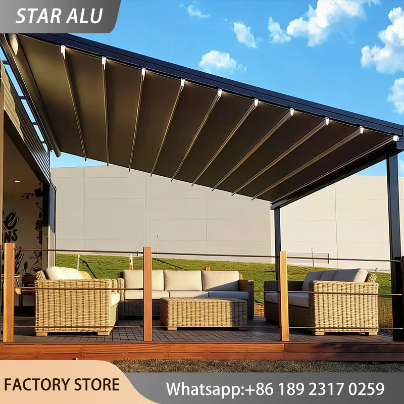 Heavy Duty Retractable Roof Pergola Motorized PVC Canopy Foldable Awning Windproof Waterproof Outdoor Patio Sun Shade Gazebo