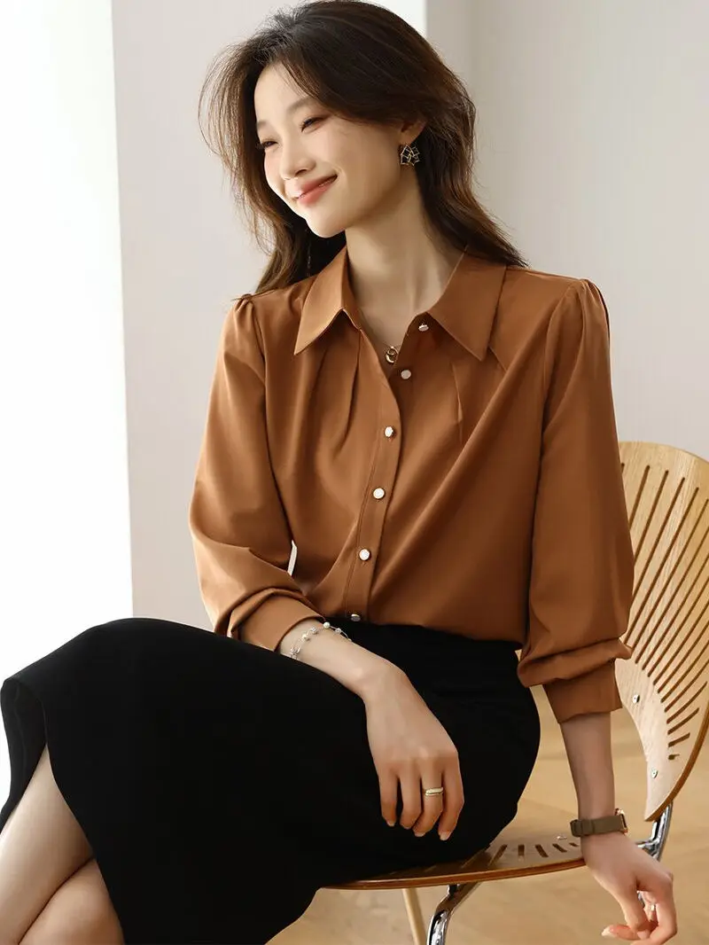 

Элегантная шелковая рубашка с длинным рукавом и воротником, женская деловая формальная свободная блузка из атласа, скрывающая живот, во французском стиле, из тонкой ткани