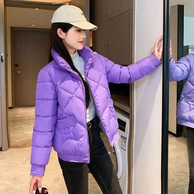 Chaqueta de plumón de algodón para mujer, Parka informal holgada y cálida de color liso con cuello alto, prendas de vestir para invierno, novedad de 2024