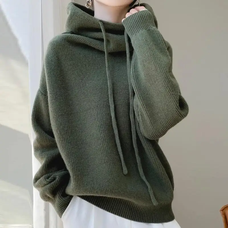 

Casual Knitted Sweater Women's Solid Thicken Hooded Drawstring Pullover 2026 New Winter Fashion Street Style Commute Y2k Clothes