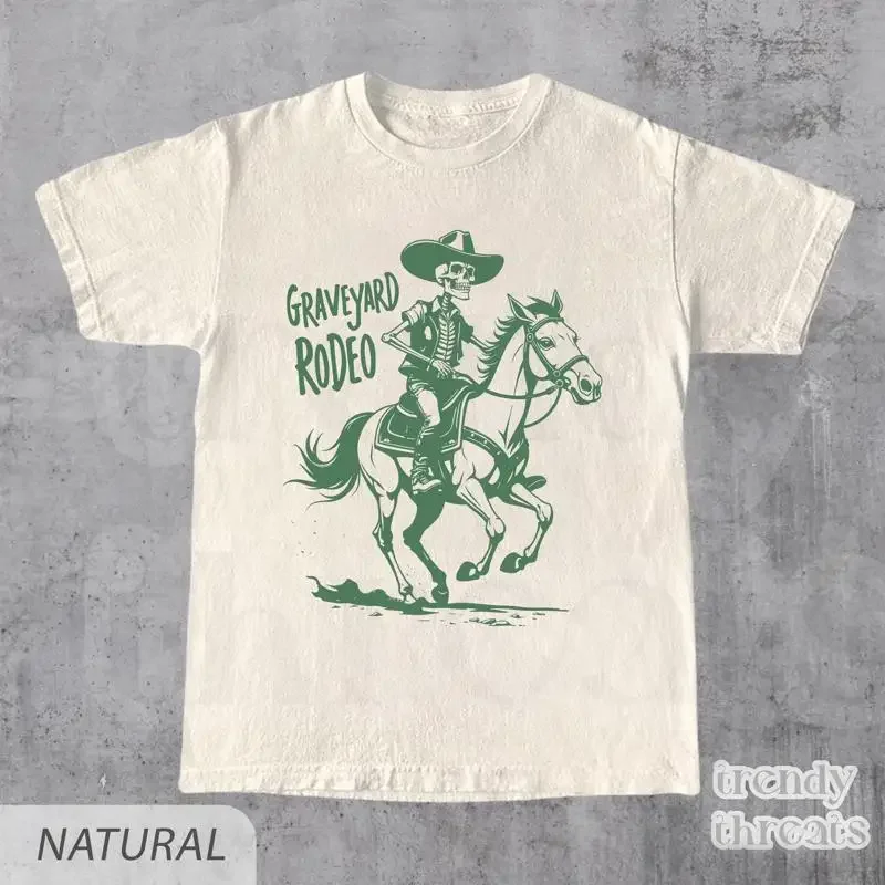 Graveyard Rodeo T Shirt Spooky Cowboy on Horse for Halloween Fun Vintage Skeleton