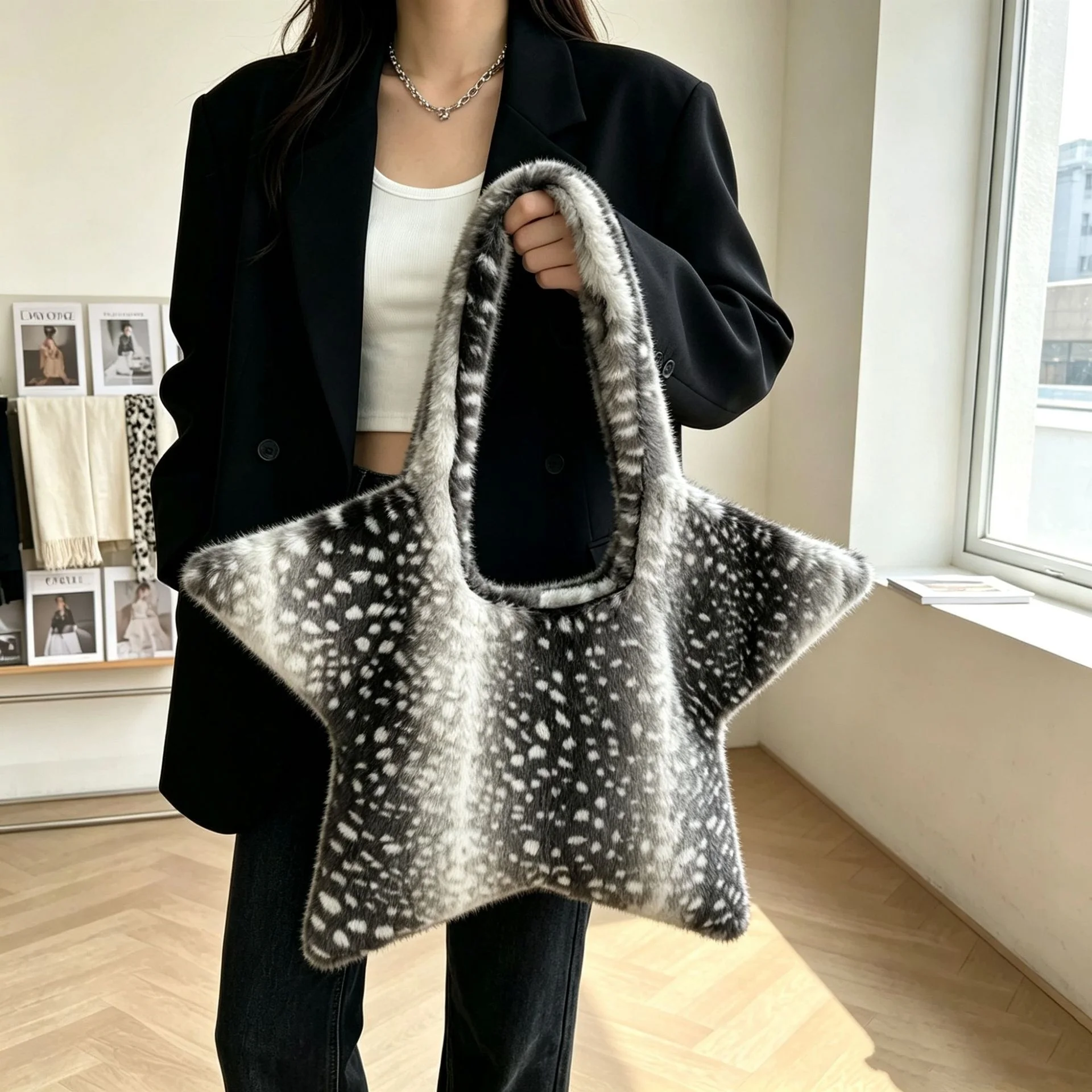 Cute Star Shape Faux Fur Shoulder Bag Women Fluffy Plush Leopard Print Tote Large Capacity Y2K Streetwear Winter Fashion Handbag
