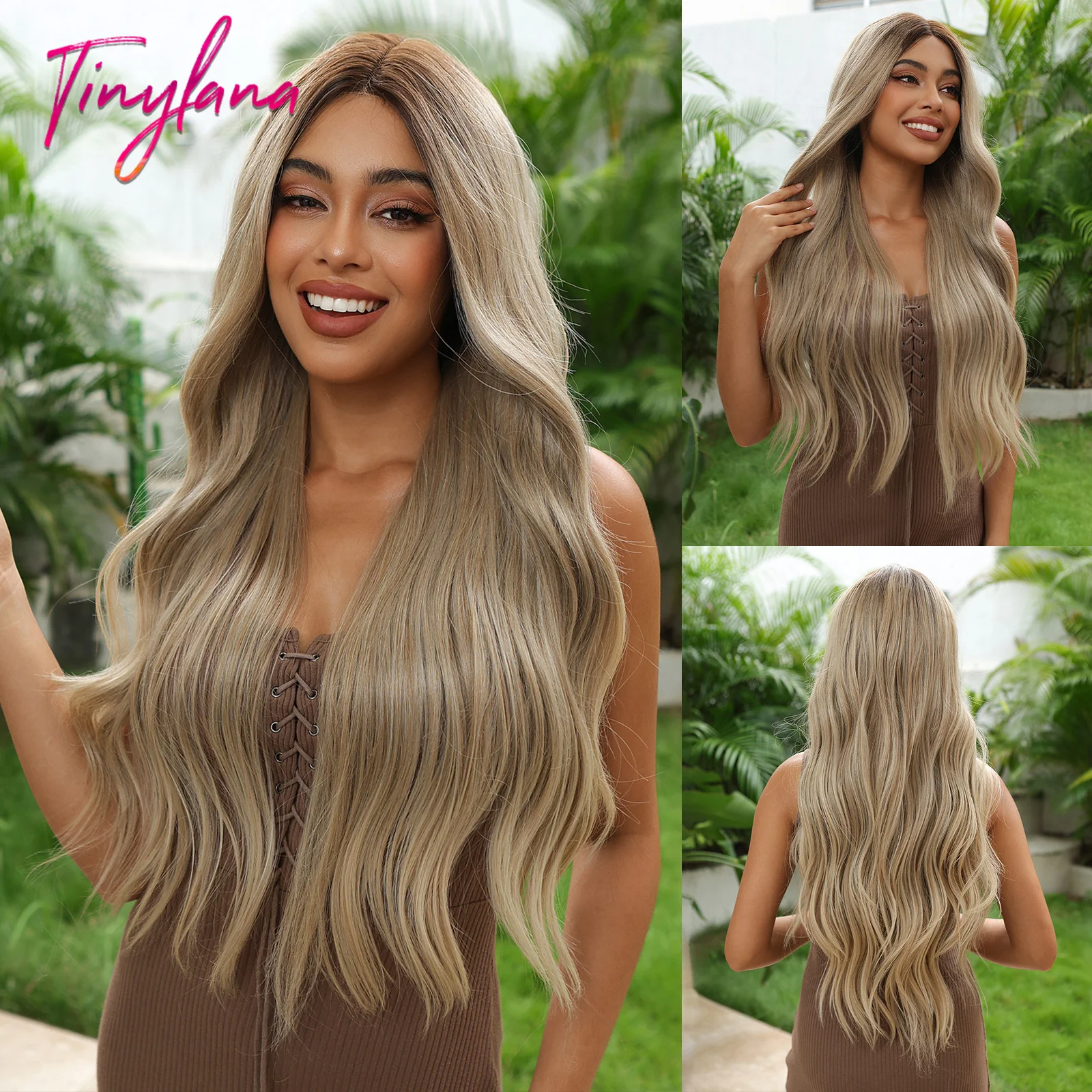 Long Gray Brown Ombre Lace Front Synthetic Wigs for Black Women Afro Natural Wavy Middle Part Cosplay Party Heat Resistant Hair