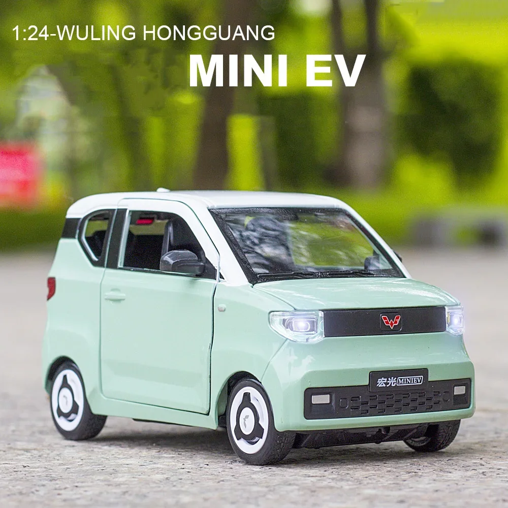 1:24 modelo de carros de brinquedo escala WULING HONGGUANG MINI EV liga diecast roda puxar para trás com modelos de veículos de música leve brinquedos infantis