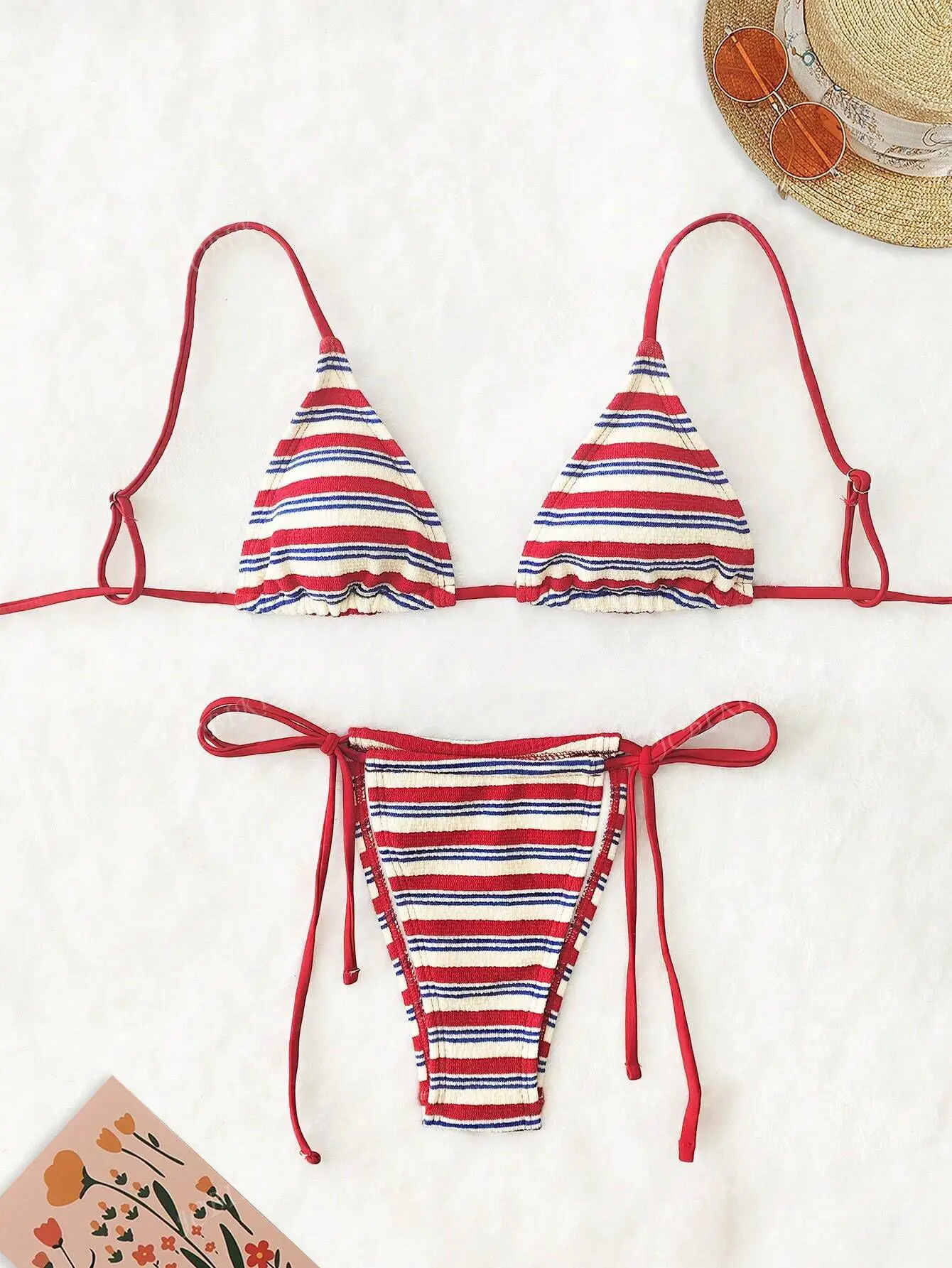

European and American aesthetic beauty Harajuku sexy and trendy striped low-waisted lace-up swimsuit two-piece swimsuit bikini