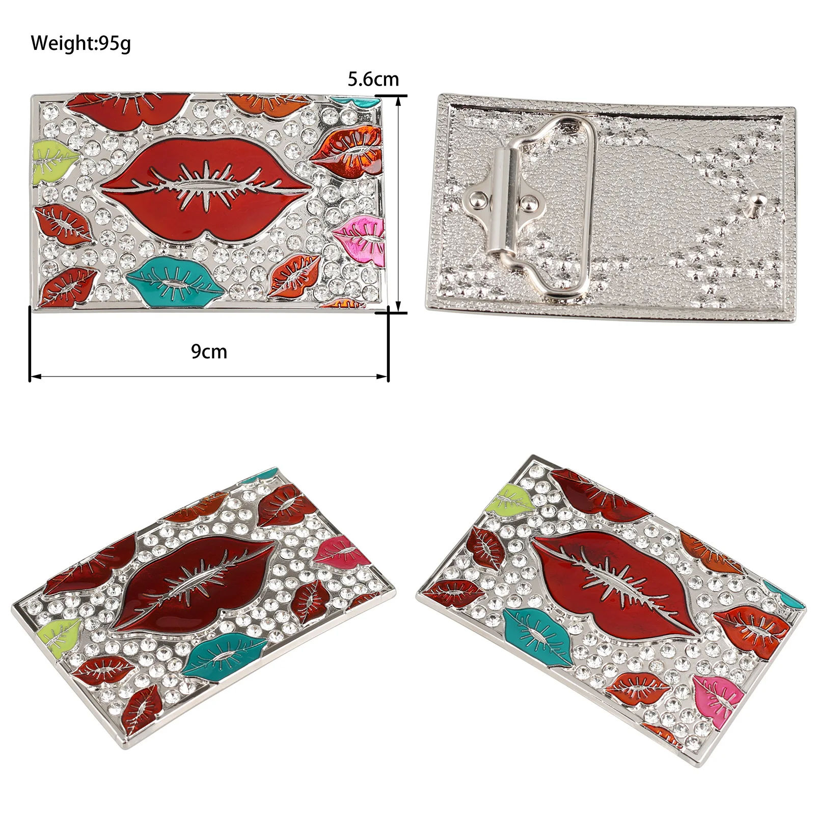 Colorful Enamel Lips Belt Buckle Rectangle Bling Crystal Rhinestone Western Punk Hip‑Hop Belt Buckle for Men Women Replacement