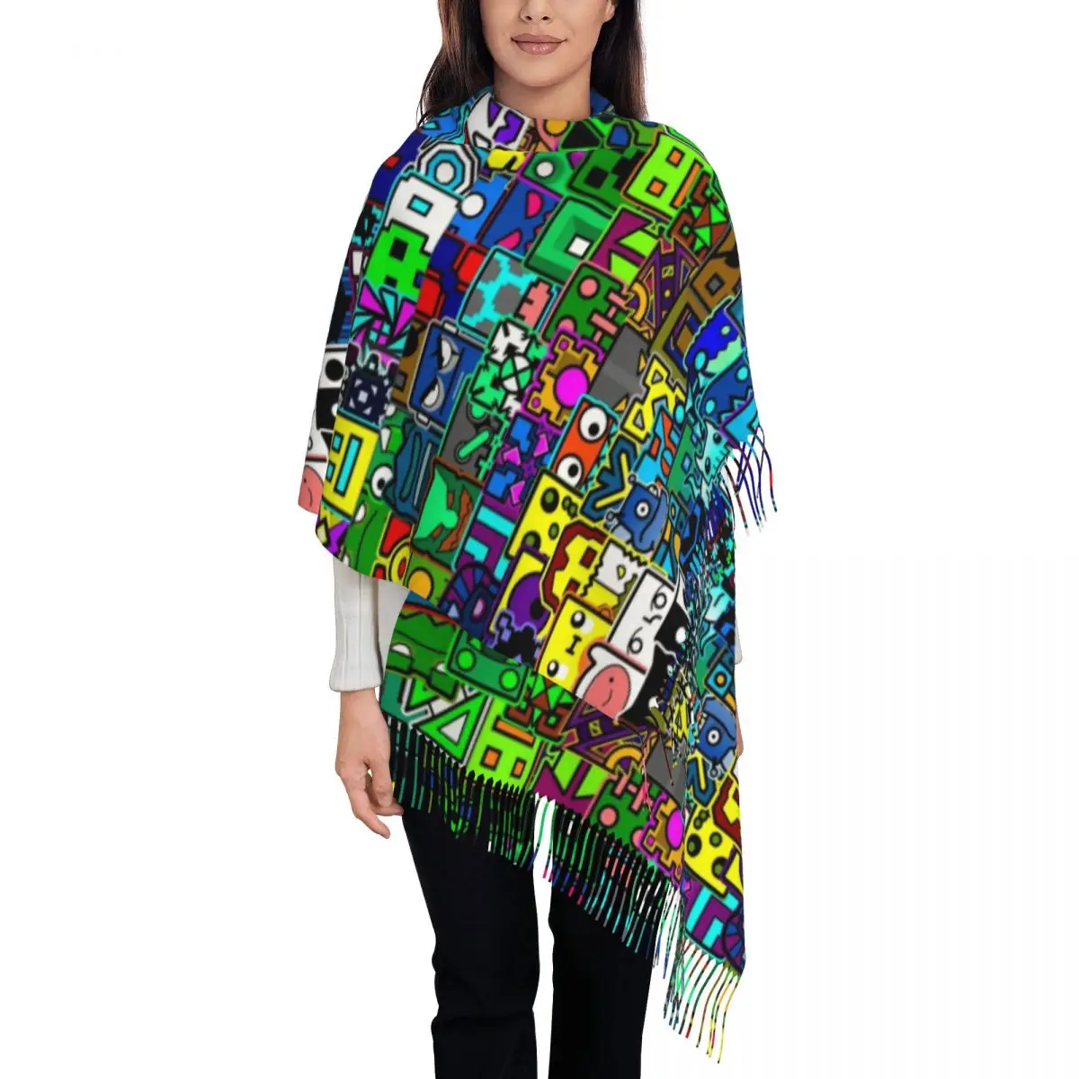 Geometric Dash Pattern Video Game Shawl Wrap for Women Warm Long Soft Scarf Geometry Dash Pashminas Shawl Scarves