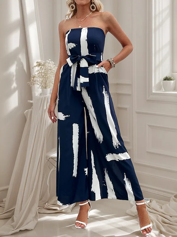 Tuta estiva con stampa senza spalline Costume da bagno da donna con gamba larga e top a tubo Street Sle Pantaloni lunghi a vita media