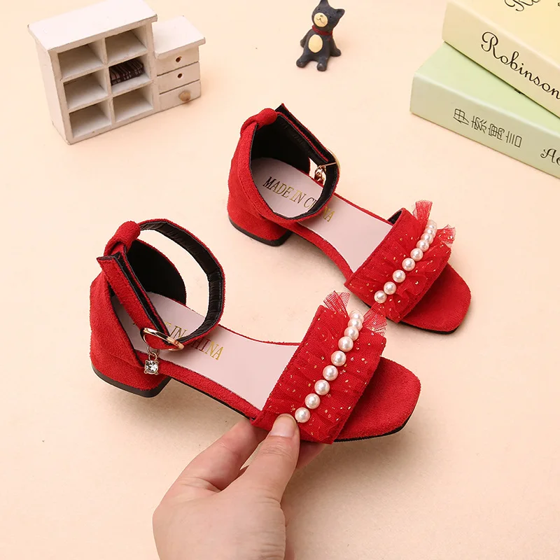 

Girls Sandals Summer Shoes Cute Pearls Roman Shoes Pink Black Beading Open-toe Kids Fashion Girls Party Sandals Kids Shoes Chic