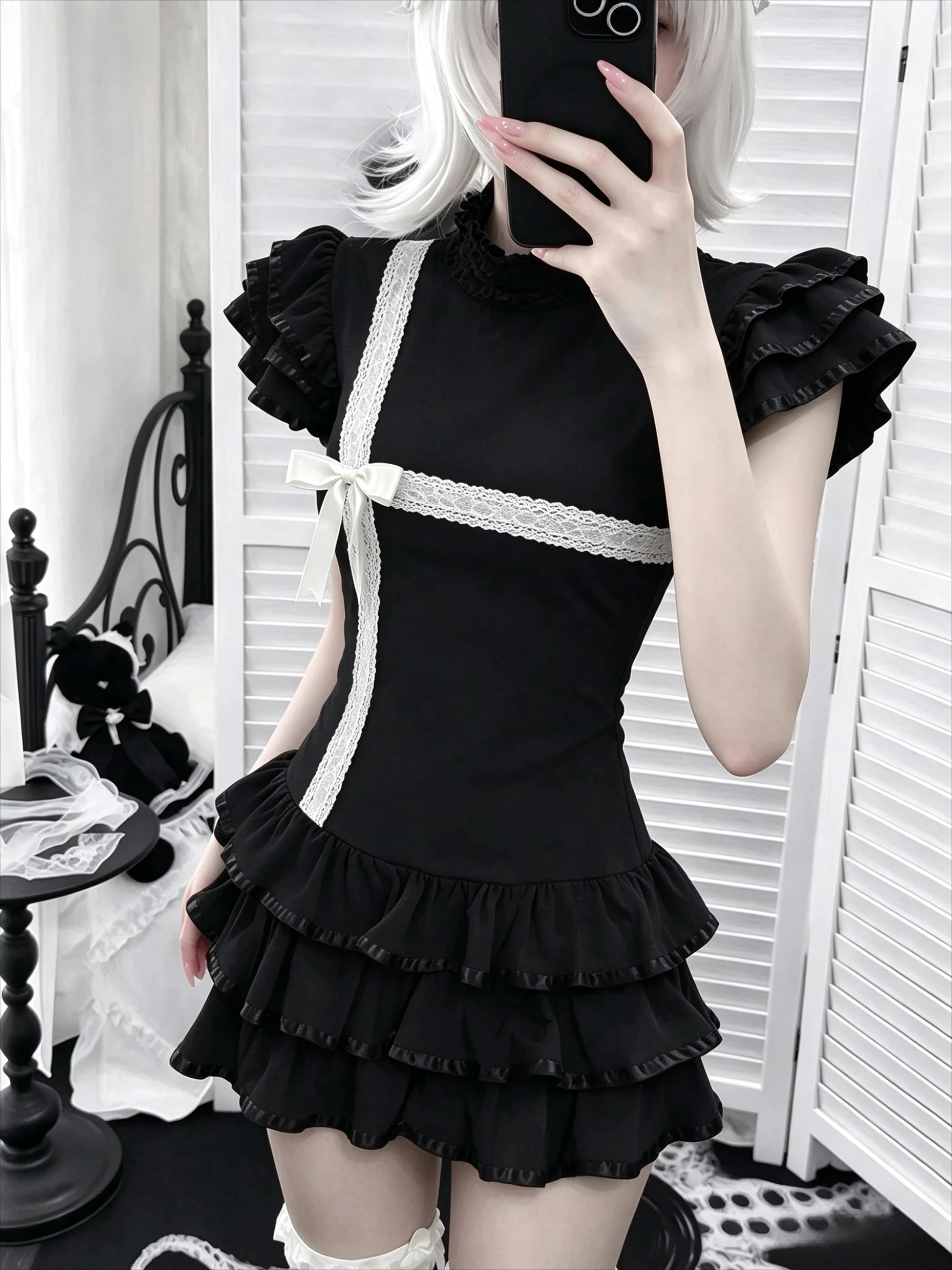 Japanisches Gothic-Vintage-Kleid für Damen, halbhoher Kragen, kurze Ärmel, Schleife, Spitze, Minikleid, Y2K, Harajuku, elegantes, süßes, schwarzes Kleid