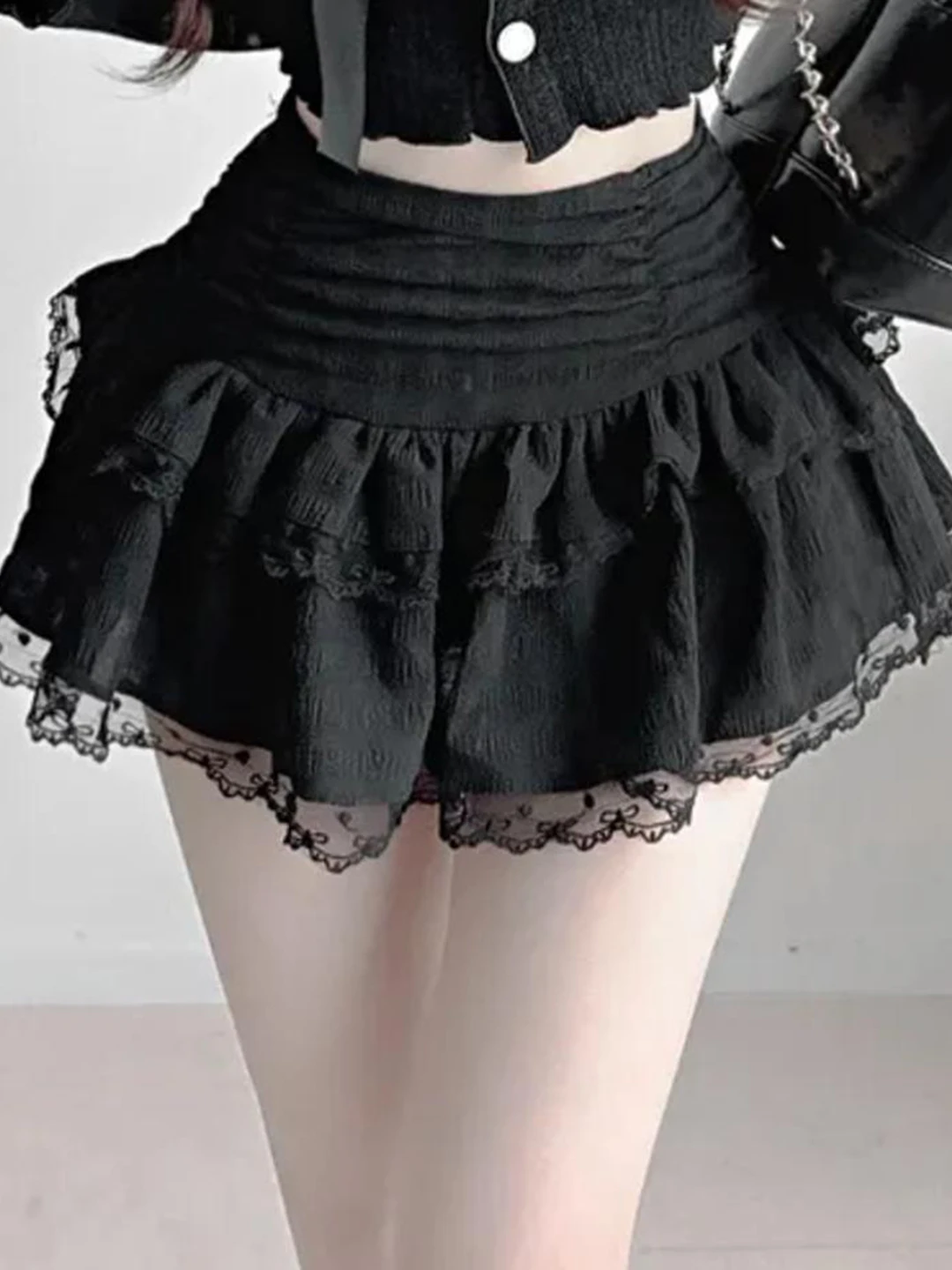 Romore Sweet Princ Sle Falda de pastel hinchada de cintura alta con empalme de encaje blanco Falda ort de línea A Material de nailon de poliéster