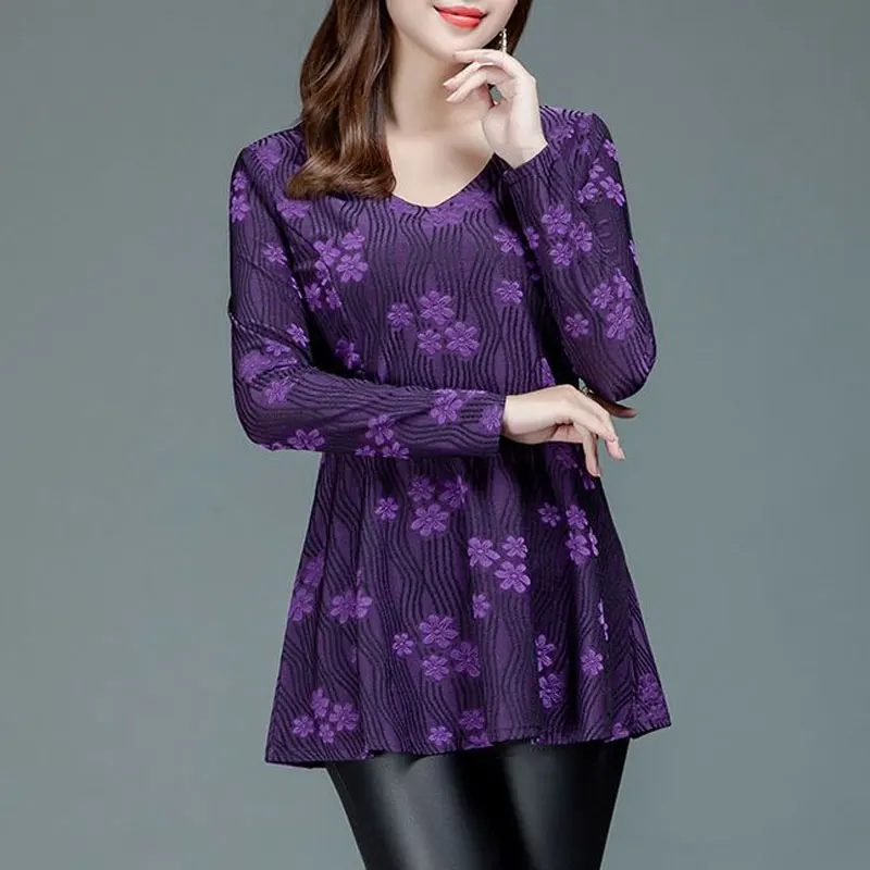 Stylish Elegant V-Neck Blouse Casual Slim Waist Female Clothing Vintage Floral Printed Spring Autumn Commute Long Sleeve Shirt