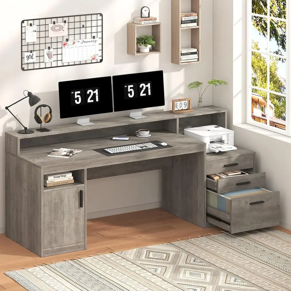 65 Grey Executive Desk with 3 Drawers, Storage Shelves, Monitor Stand, and Printer Shelf