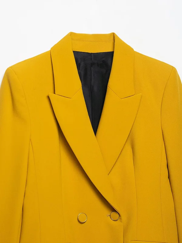 ジェニー & デイブ ミニマリスト レトロ ルーズ カジュアル スーツ イエロー ダブルブレスト ブレザー レディース ジャケット 女性服 トップス ブレザー 女性