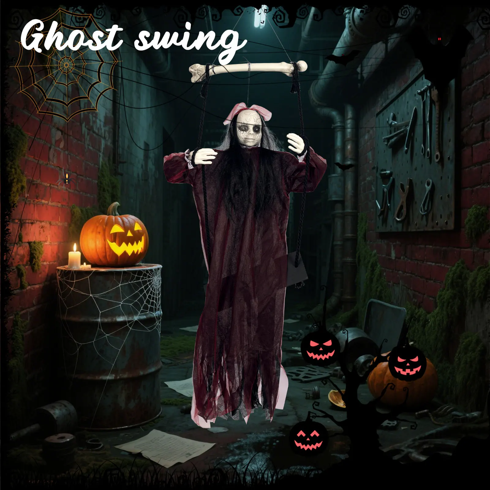 Ghost Decor Scary Grim Swinging Ghost Grim Scary Accessories with Light Sound Effects for Indoor Outdoor House Garden Porch