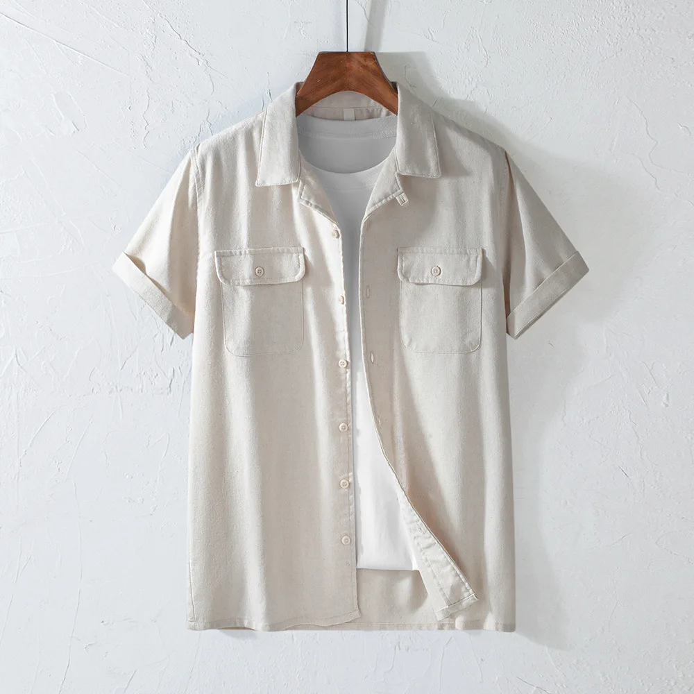 

Cotton Linen Short Sleeve Cuban Collar Men's Shirt Pocket American Retro Turn-down Collar Workwear Breathable Japanese Style