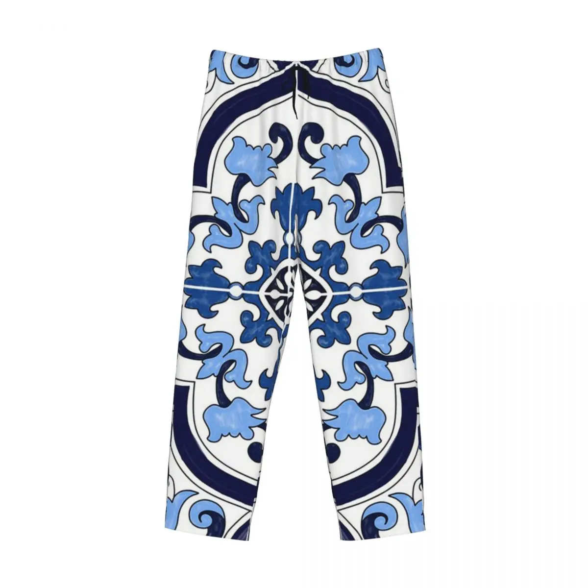 Custom Blue Ornate Floral Mediterranean Sicilian Tile Pajama Pants Men Sleepwear Sleep Lounge Bottoms with Pockets
