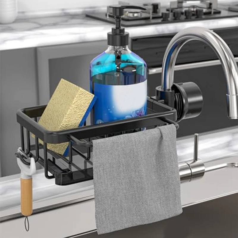 New-Sponge Holder Over Faucet Kitchen Sink Organizer, Space Aluminum Detachable Hanging Faucet Drain Rack With Hook