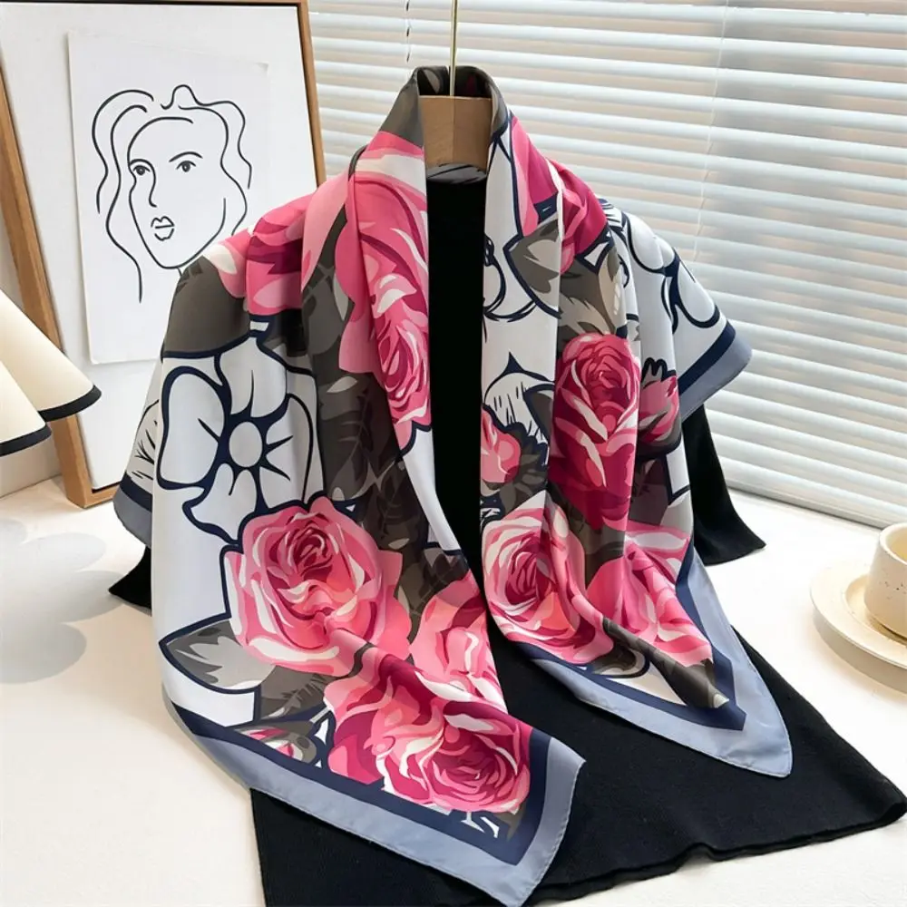 90x90cm Women Luxury Silk Scarf Print Breathable Beach Shawl Sun-Resistant Smooth Headkerchief