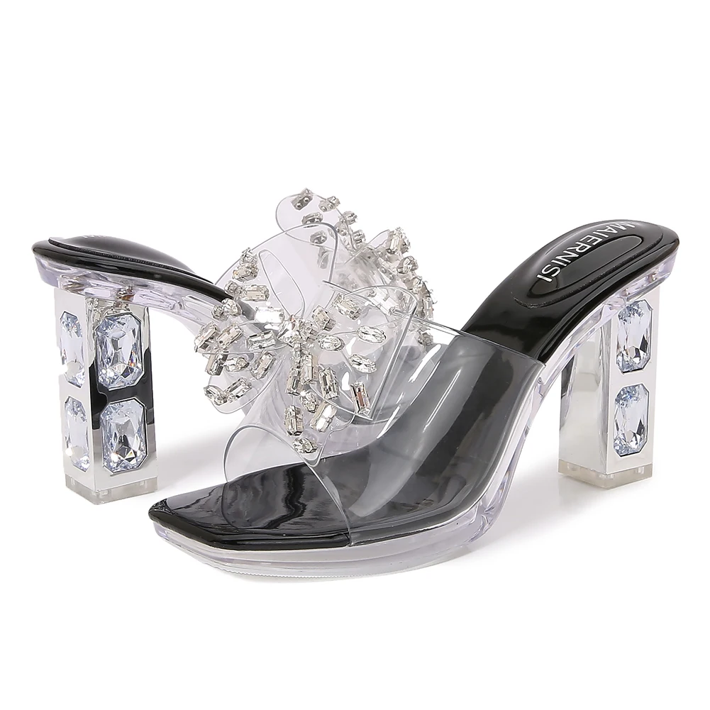 

SDTRFT/летние женские туфли-бабочки со стразами, женские сандалии, прозрачные вечерние туфли-лодочки на толстом каблуке 8 см, тапочки на платформе с открытым носком